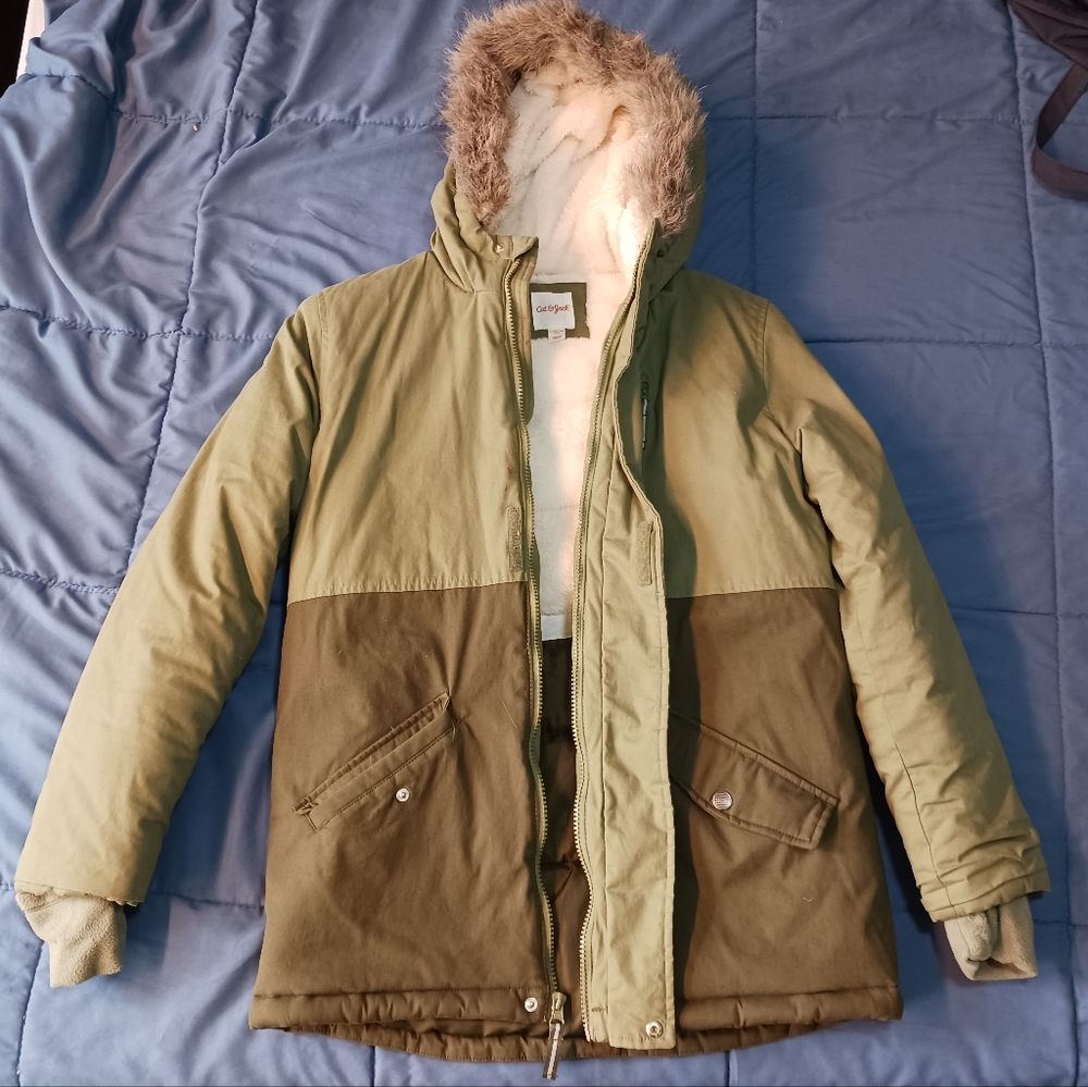 Worn Once Boys 12-14 winter cotton jacket coat Olive green hooded pockets